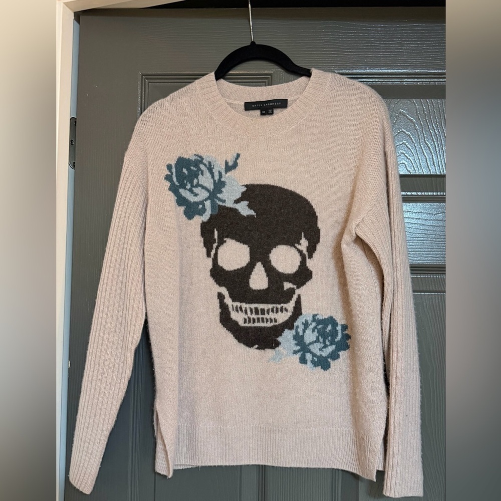 Skull Cashmere Cream Sweater with Black and Blue Design